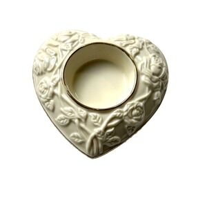 Lenox Heart-Shaped Porcelain Candle Holder With Rose Embossed Design & Gold Trim